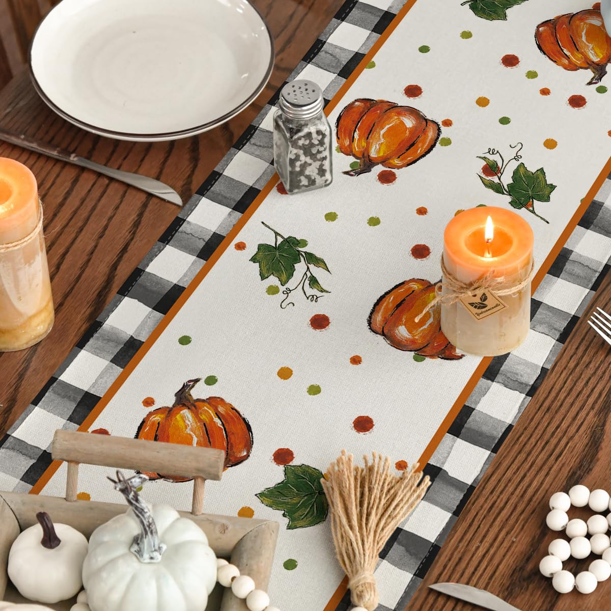 Artoid Mode Pumpkin Bow Buffalo Plaid Fall Table Runner,Seasonal Autumn Kitchen Dining Table Decoration for Home Party Decor 13x72 Inch Artoid Mode