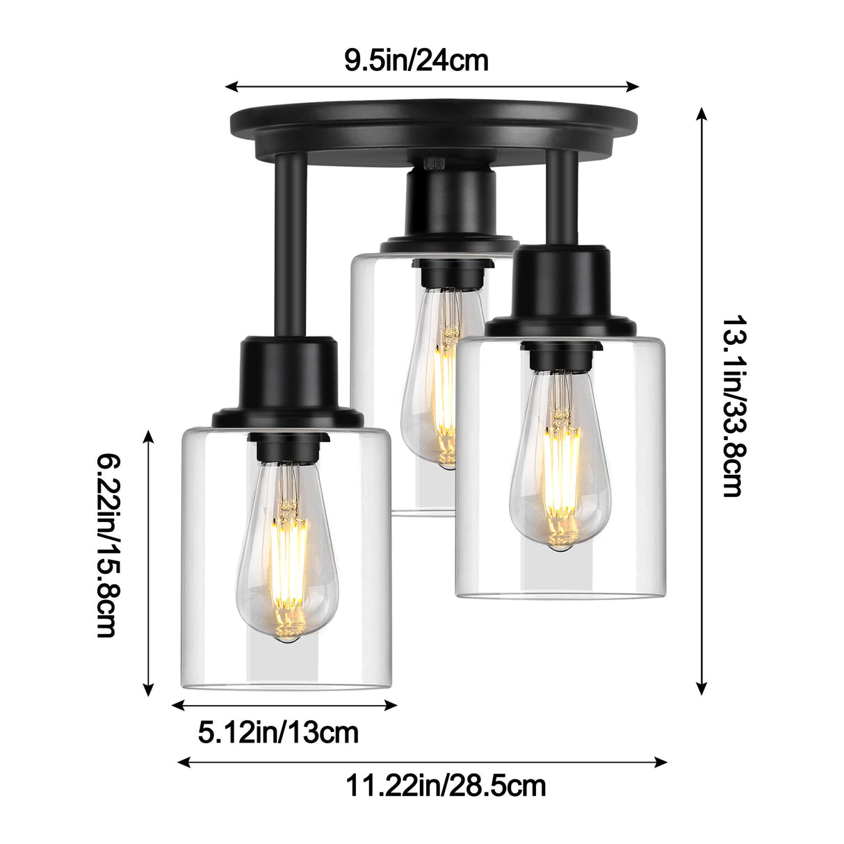 ROTTOGOON Semi Flush Mount Ceiling Light, 3-Light Close to Ceiling Light Fixtures, Matte Black Kitchen Light Fixtures with Clear Glass Shades, Hallway Light Fixtures Ceiling Mount for Foyer Entryway ROTTOGOON