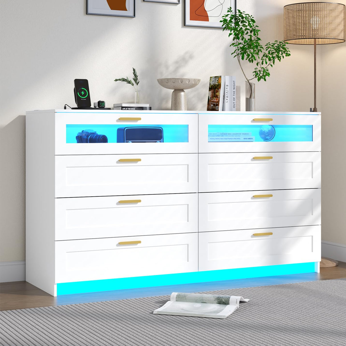 8 Drawers Dresser with Charging Station, White Dresser for Bedroom with LED Lights, Modern Chest of Drawers for Closet, Double Wide Dresser Organizer for Bedroom, Living Room, Entryway (White) Gyfimoie