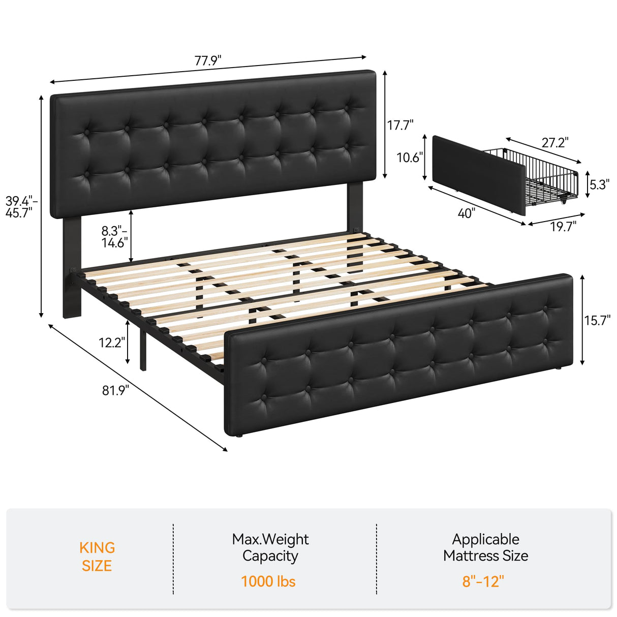 GarveeHome King Size Bed Frame with 4 Storage Drawers and Faux Leather Upholstered Headboard, Wooden Slats Support, Button Tufted Design, No Box Spring Needed, Black GarveeHome