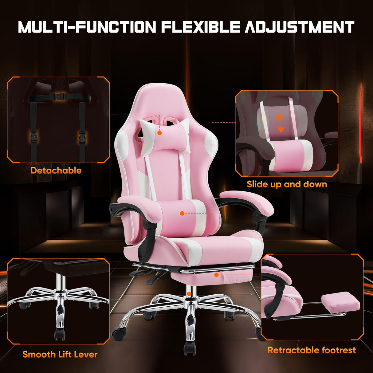 Sweetcrispy Video Game Desk Chair - Ergonomic Computer with Footrest and Comfy Lumbar Support, PU Leather Recliner with Headrest, Fixed Up Armrest, Height Adjustable with 360° Swivel, for Adults, Pink Sweetcrispy