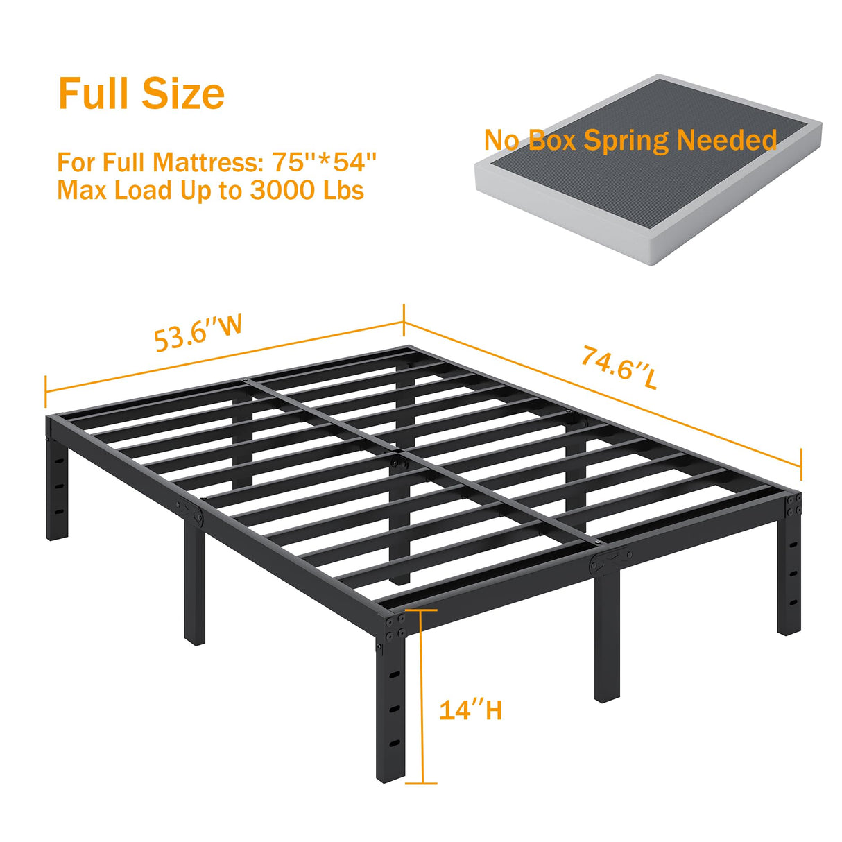 SHLAND Full Size Bed Frame, 14 Inch Heavy Duty Metal Platform Bed Frame No Box Spring Needed, Storage Space, No Noise, Easy Assembly SHLAND
