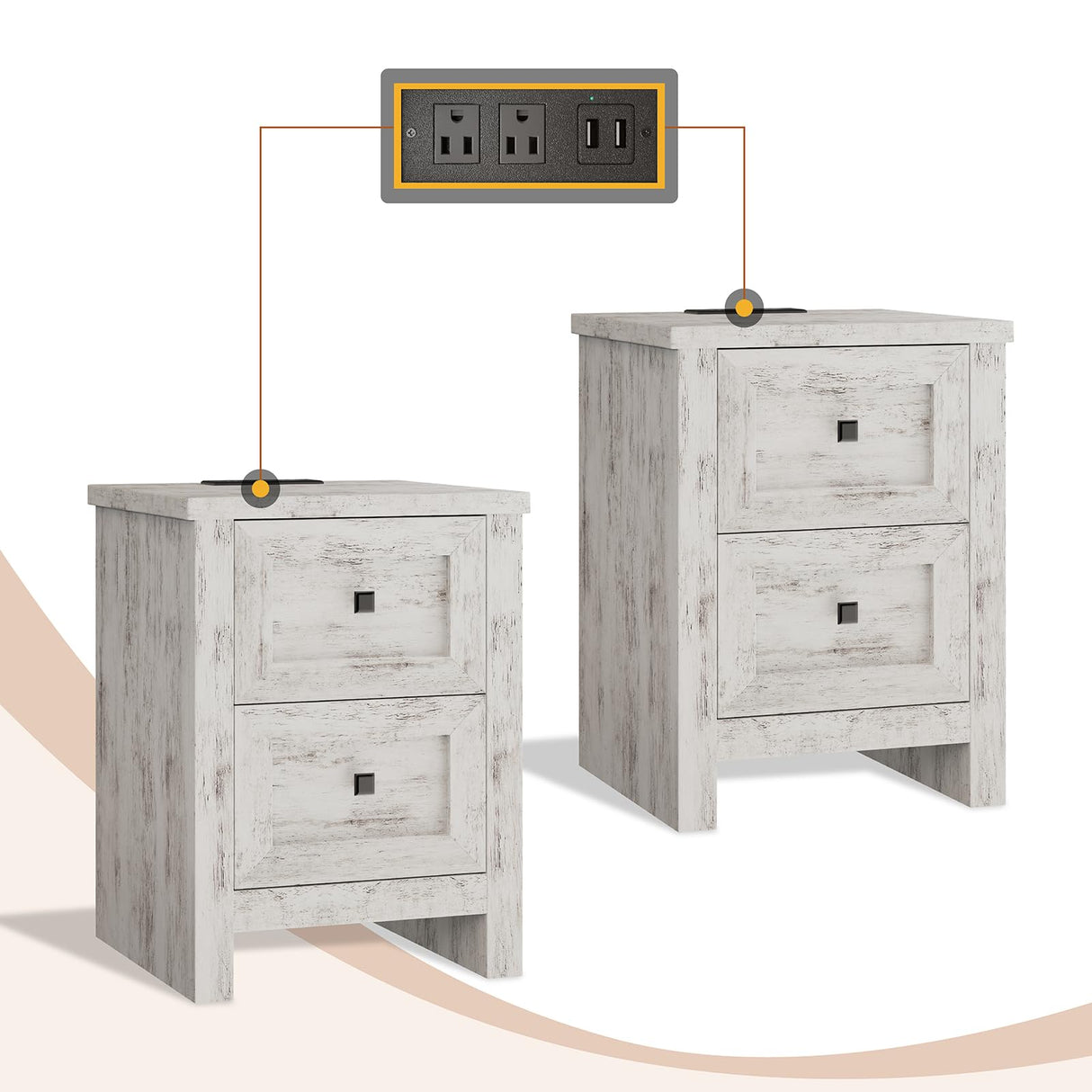 AMERLIFE Large Nightstand Set of 2 with Charging Station, Bedside Table with USB Ports and Outlets, Farmhouse Wood End Table for Bedroom, Living Room, Distressed White AMERLIFE