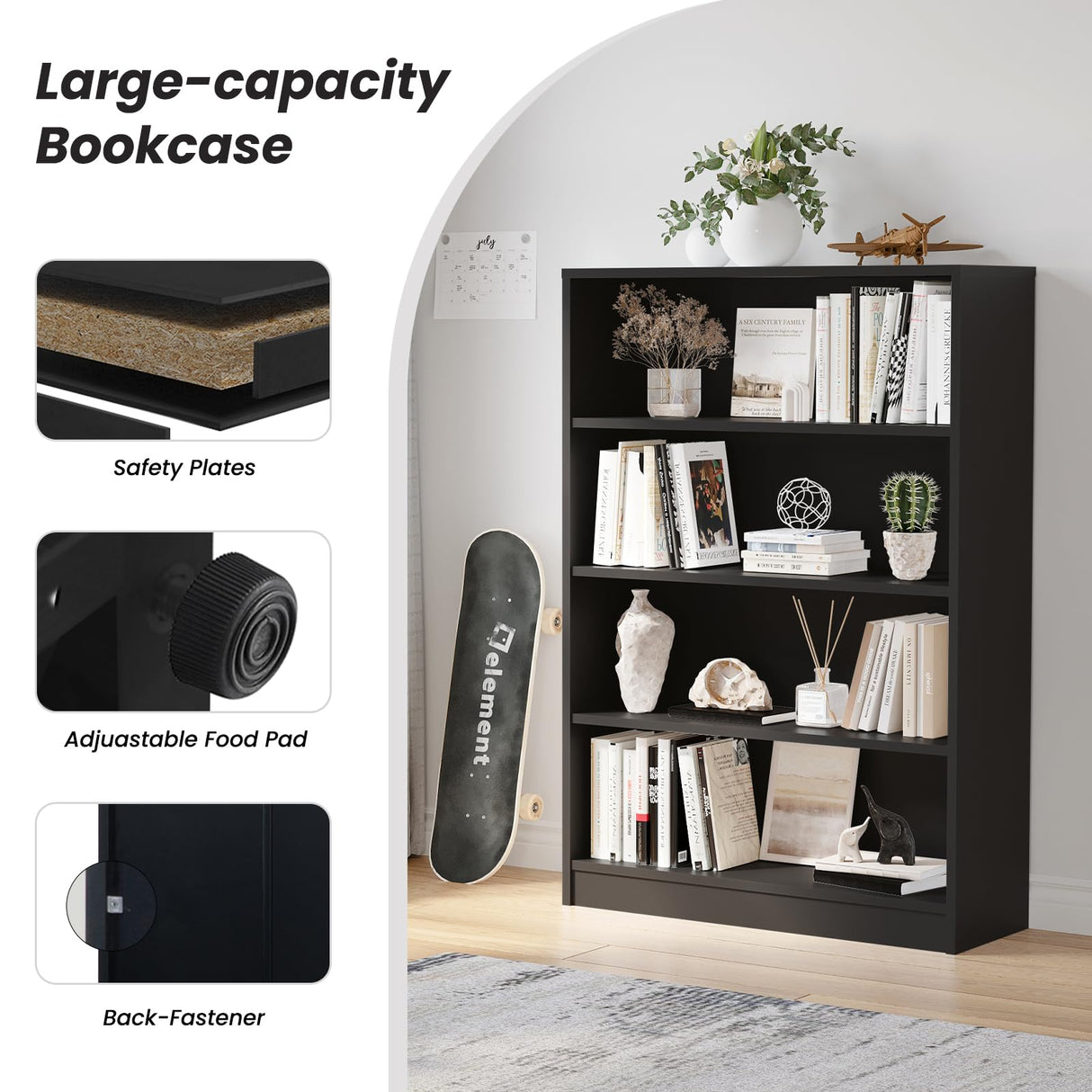 i-VTIES Bookcase Adjustable Storage Shelves,48-Inch Bookshelf,4-Tier Modern Wood Bookcase for Bedroom, Office, Living Room & Library(Black) i-VTIES