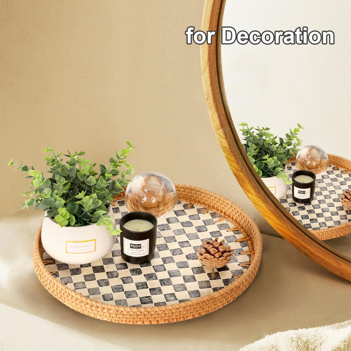 Tynulox Round Rattan Tray with Mother of Pearl Inlay, Rattan Serving Tray for Coffee, Bread, Fruits, Decorative Wicker Tray for Table Decor, Home Decor, Kitchen Island Decor(Round Checkerboard, 11.8") Tynulox