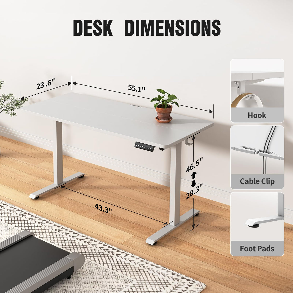 Veken 55 Inch Large Electric Standing Desk, 4 Memory Heights Adjustable,Sit to Stand Up, Work Home Office Computer Table for Study, Walking Pad, Writing, and Games, Wooden Desktop Desks, White Veken