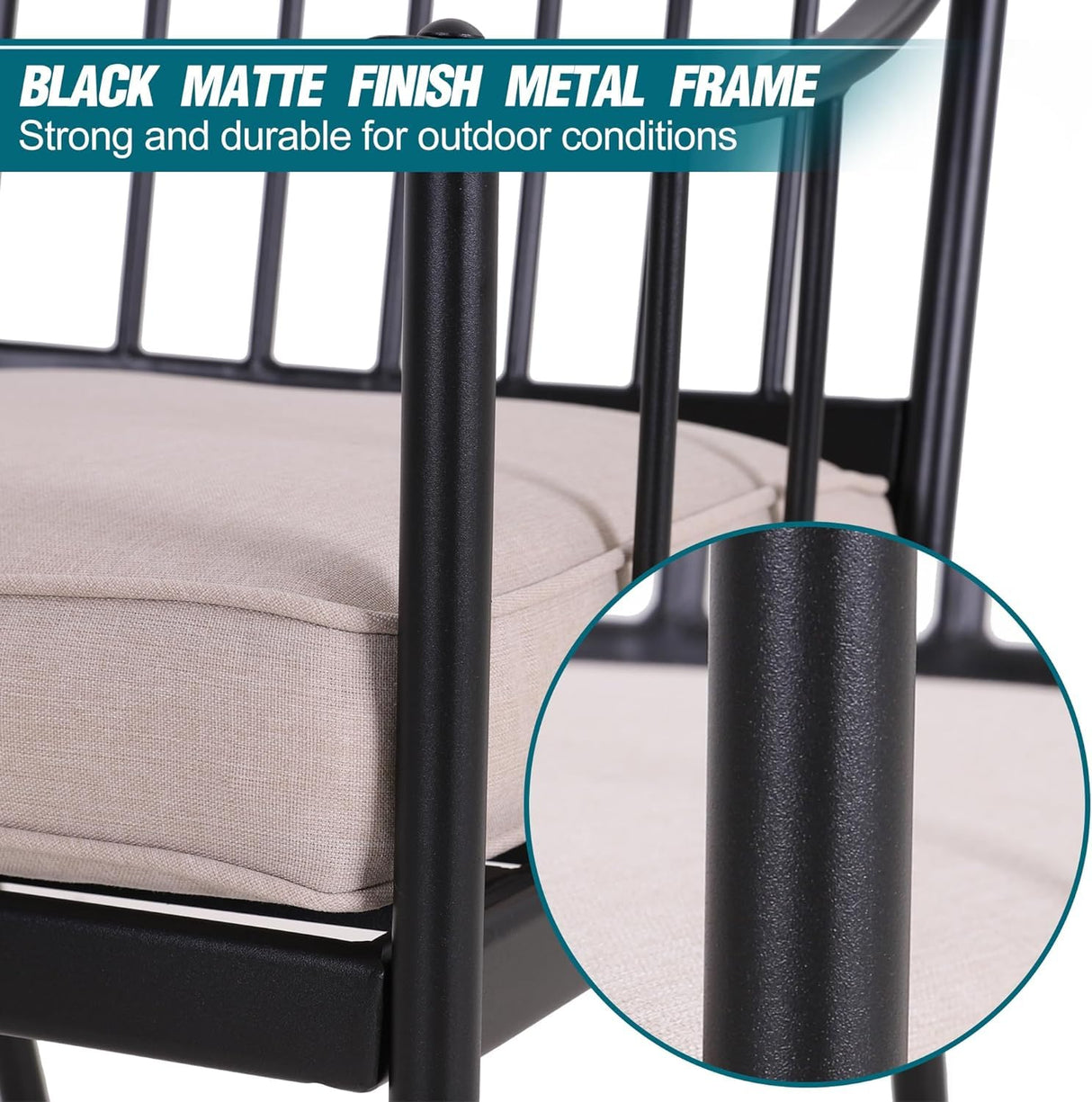 PHI VILLA 7 Piece Outdoor Dining Set with Umbrella, 60” Rectangular Metal Dining Table & 6 Cushioned Wrought Iron Chairs & 13ft Large Beige Umbrella for Patio, Deck, Yard, Porch PHI VILLA