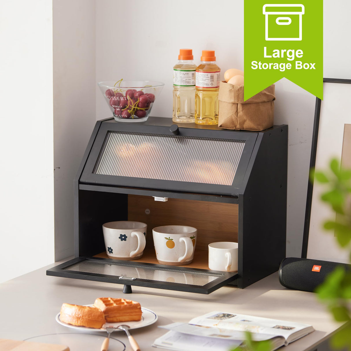 BMOSU Large Bread Box for Kitchen Countertop,Double Layer Bread Box for Kitchen Counter,Bamboo Wood Bread box Capacity Bin Kitchen Storage(Black) BMOSU