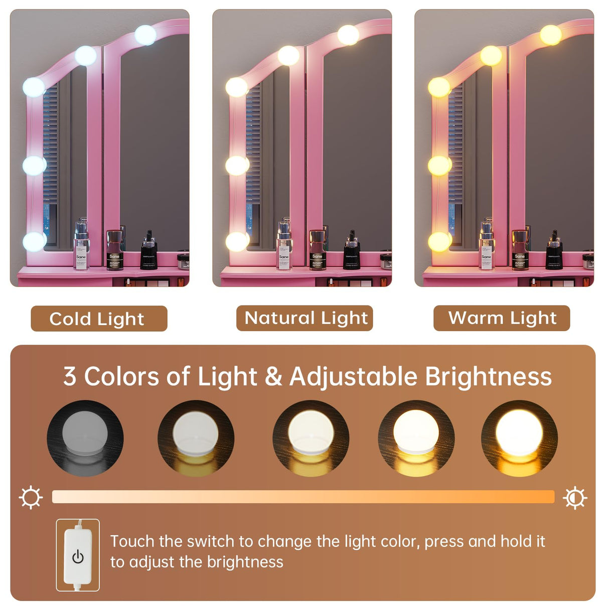 Tiptiper Vanity Desk with Tri-Fold Mirror and Lights, Makeup Vanity with Wood Upholstered Stool, Vanity Table with 5 Drawers & 8 Jewelry Hooks, Small Vanity, Pink Tiptiper