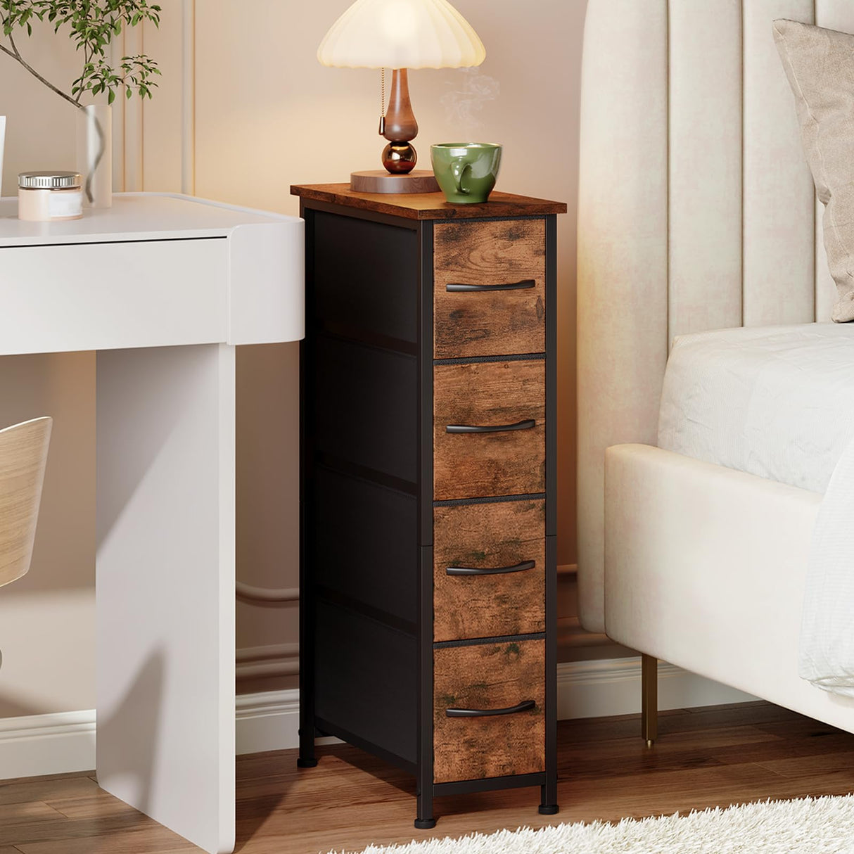 Somdot Narrow Dresser with 4 Drawers, Slim Storage Organizer Chest of Drawers with Removable Fabric Drawers for Small Spaces Bathroom Closet Bedroom Laundry, Wood Grain Print Somdot