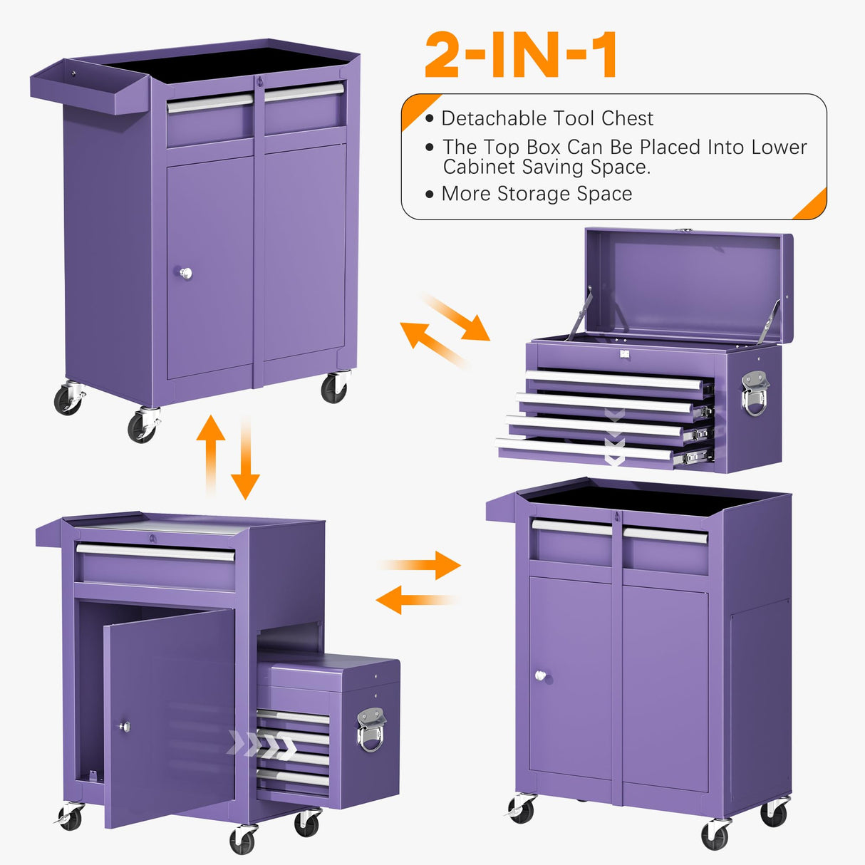 INTERGREAT Tool Chest, 5-Drawer Rolling Tool Storage Cabinet with Detachable Top Tool Box, Tool Cabinet with with Enhanced Packaging, Metal Tool Cart for Garage, Workshop, Barbershop(Purple) INTERGREAT