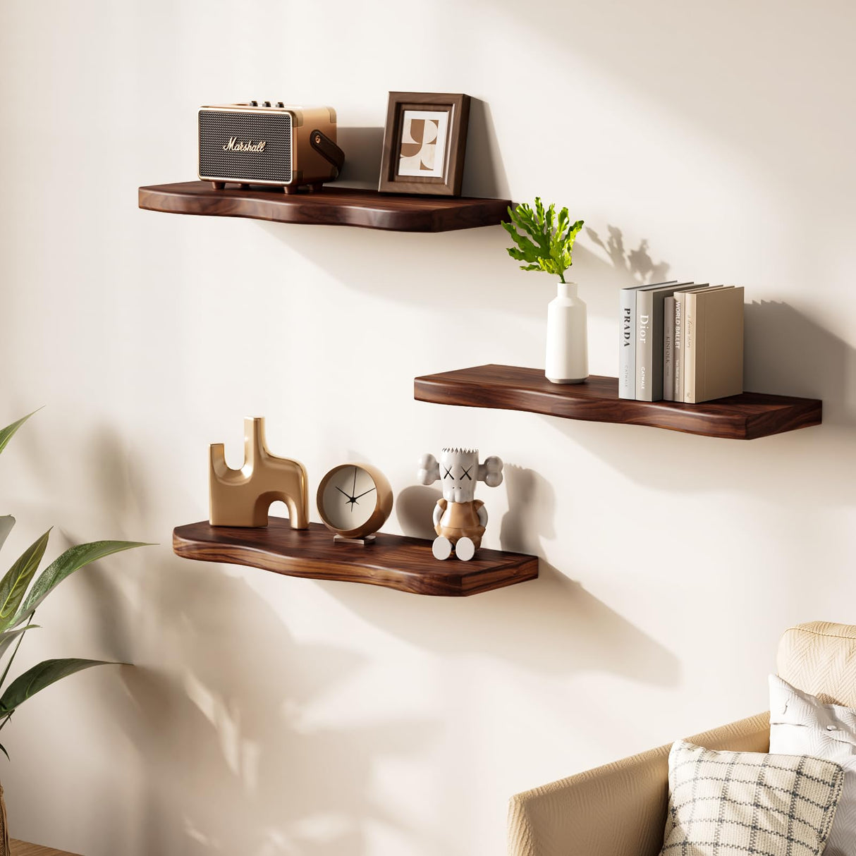 Avytronx Floating Shelves for Wall, 24 inch Rustic Wooden Floating Shelves, Wall-Mounted Floating Bookshelf, Hanging Shelves with Unique Natural Grain for Living Room, Bedroom, Kitchen (Walnut Color) Avytronx