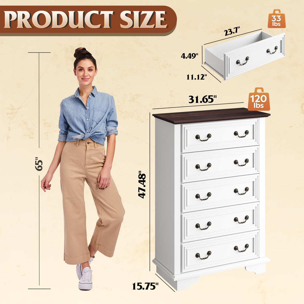 WLIVE Farmhouse Dresser for Bedroom, Wood Dresser with 5 Drawer, Chest of Drawers with Roman Metal Handle for Living Room, White WLIVE