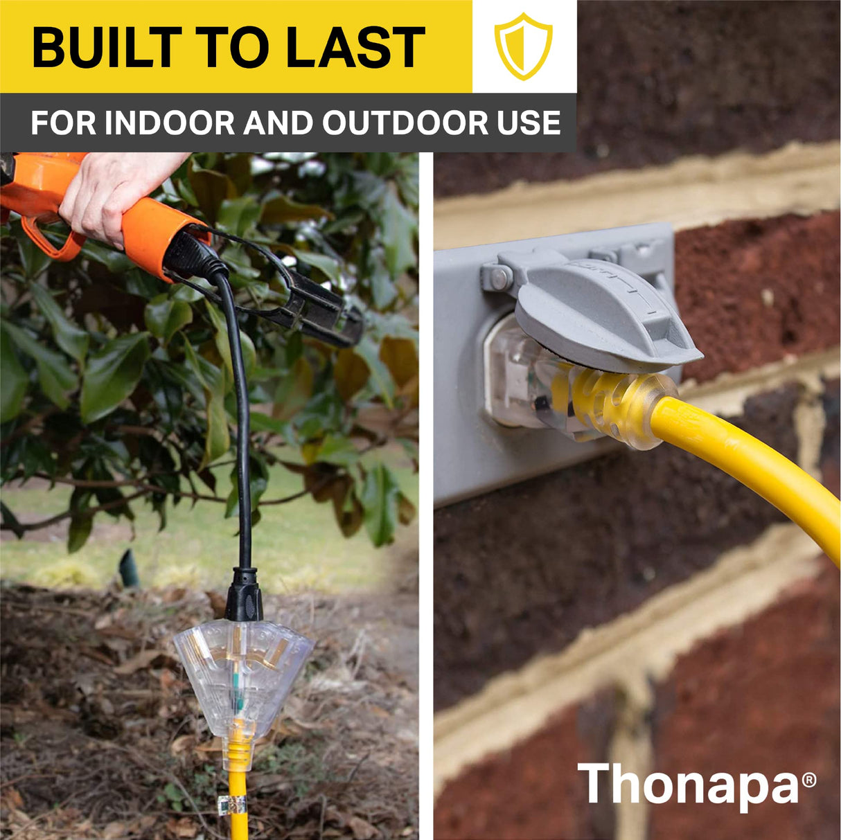 THONAPA 10 Gauge Outdoor Extension Cord 75 ft with 3 Outlets - Weatherproof Heavy Duty Extension Cord with Multiple Outlets 75 Foot, 10/3 SJTW Yellow Cable with 3 Prong Grounded Plug, 15 Amp Thonapa