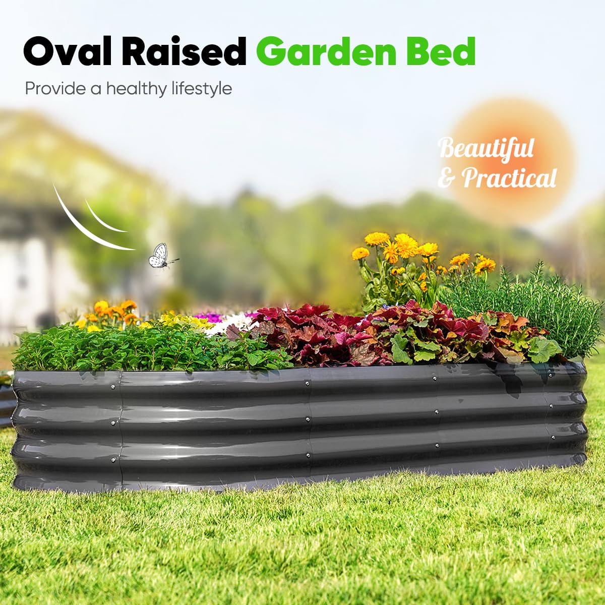 Quictent Galvanized Raised Garden Bed Kit with Self Watering System and Mesh Cover, Large Oval Metal Outdoor Planter Garden Boxes for Vegetables Herbs Flowers, 6x3x1Ft Quictent