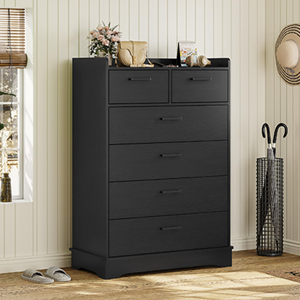 Hasuit Black 6 Drawer Dresser, Wooden Storage Chest of 6 Drawers, Vertical Large Capacity Clothing Storage Organizer, Tall Dressers for Bedroom, Hallway, Entryway Hasuit