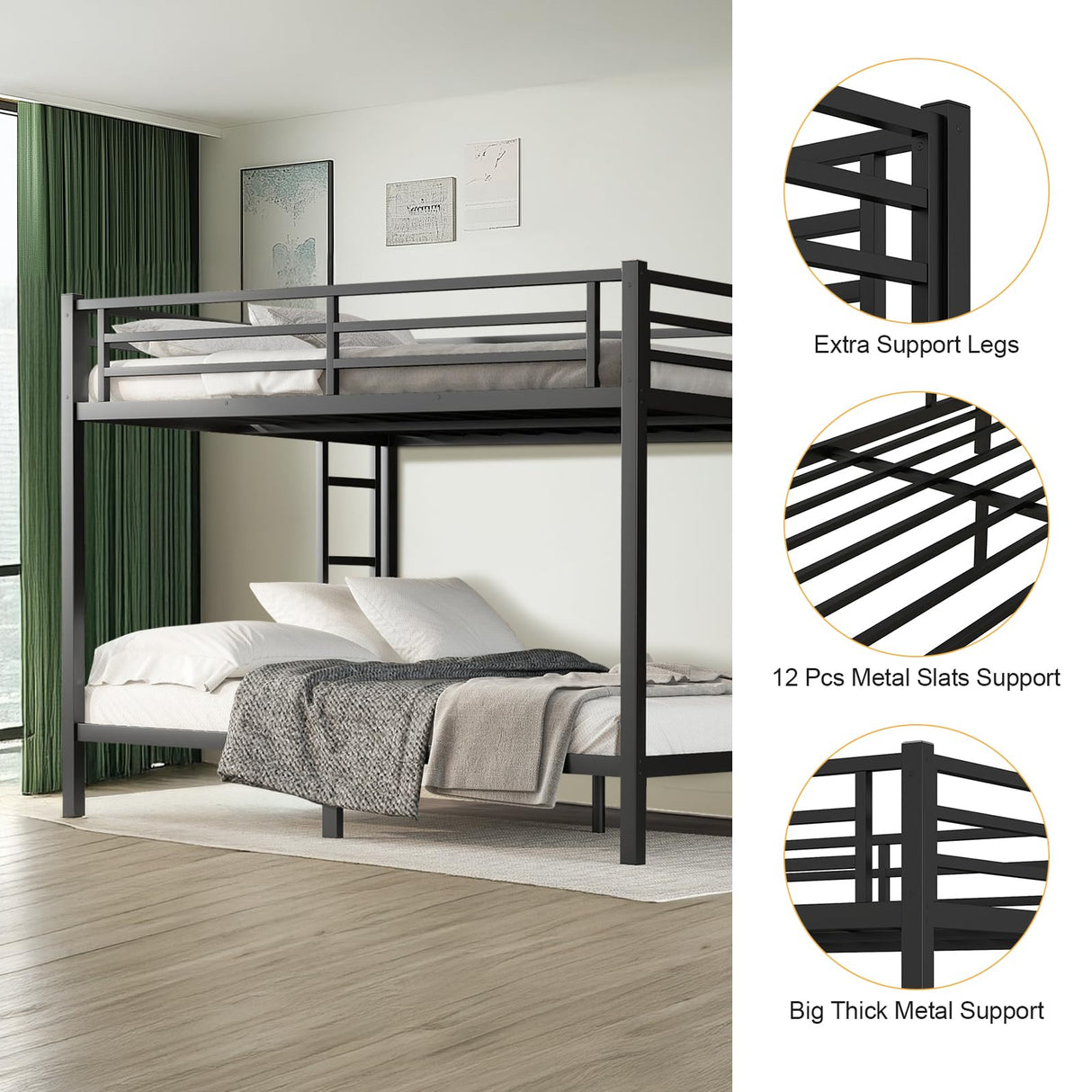 HKOLIE Queen Over Queen Bunk Bed, Metal Bunk Bed Frame Heavy Duty Bunk Beds Loft Bed Frame with Ladder and Guardrail Metal Slats No Box Spring Required for Adults Teens, Queen Over Queen Size HKOLIE