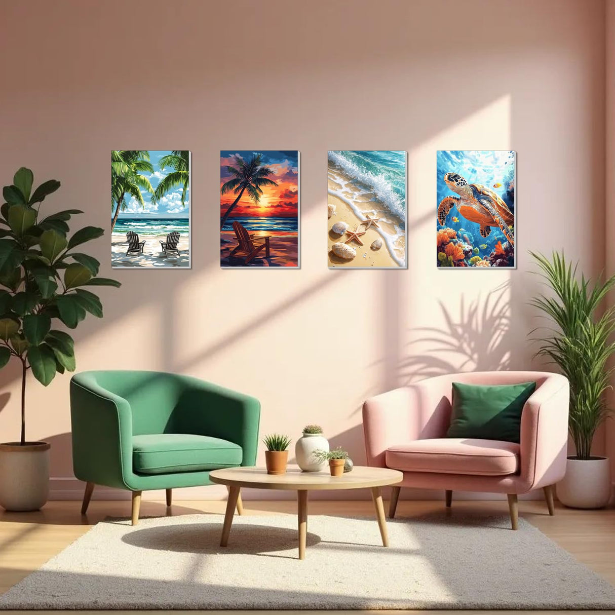 4 Pack Framed Paint by Numbers Kit for Adults Beginner Canvas Painting by Numbers for Adults Beach Easy Adult Paint by Number Kits with Frame Sea Turtle Watercolor Painting by Number 8x12 Inch obterie