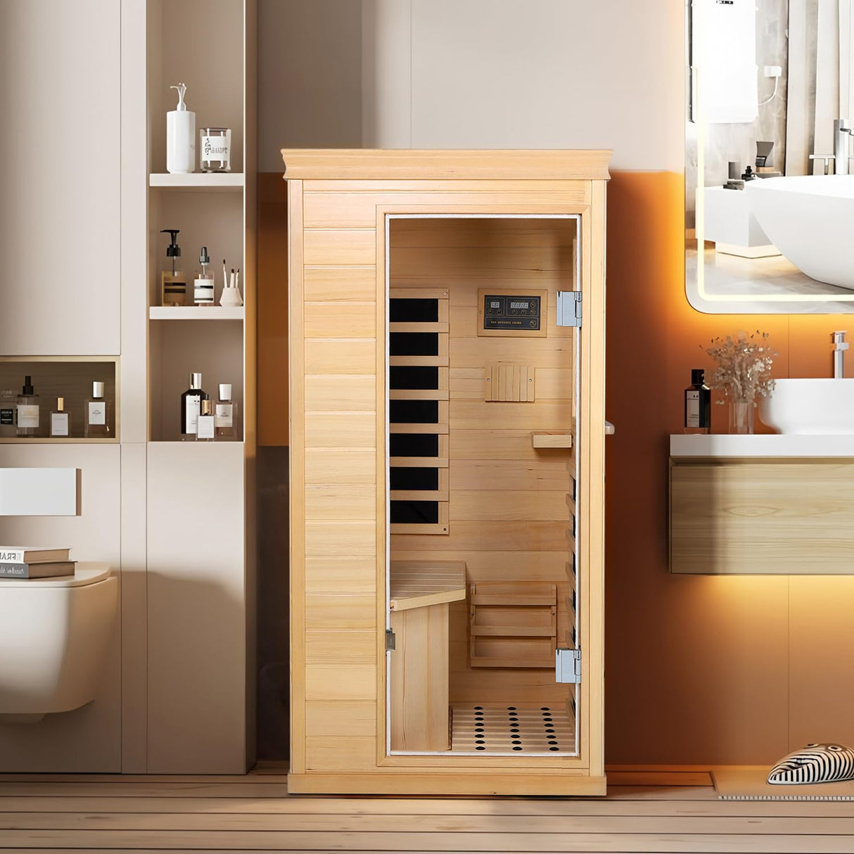 ReeQuo Far Infrared Sauna, Canadian Hemlock Wood Sauna Spa Room for Indoor,850W 110V Low EMF Saunas with Control Panel and Integrated Speakers, Mini Home Sauna Room for One Person (Wood) ReeQuo