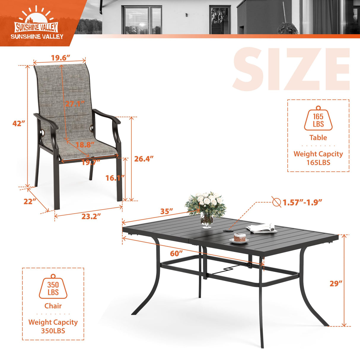 SUNSHINE VALLEY 7 Piece Patio Dining Sets for 6, Metal Outdoor Table and Chairs Set with 1 Patio Dining Table(1.57-1.9" Hole) and 6 Textilene Patio Dining Chairs, Outdoor Dining Set for Deck Backyard SUNSHINE VALLEY