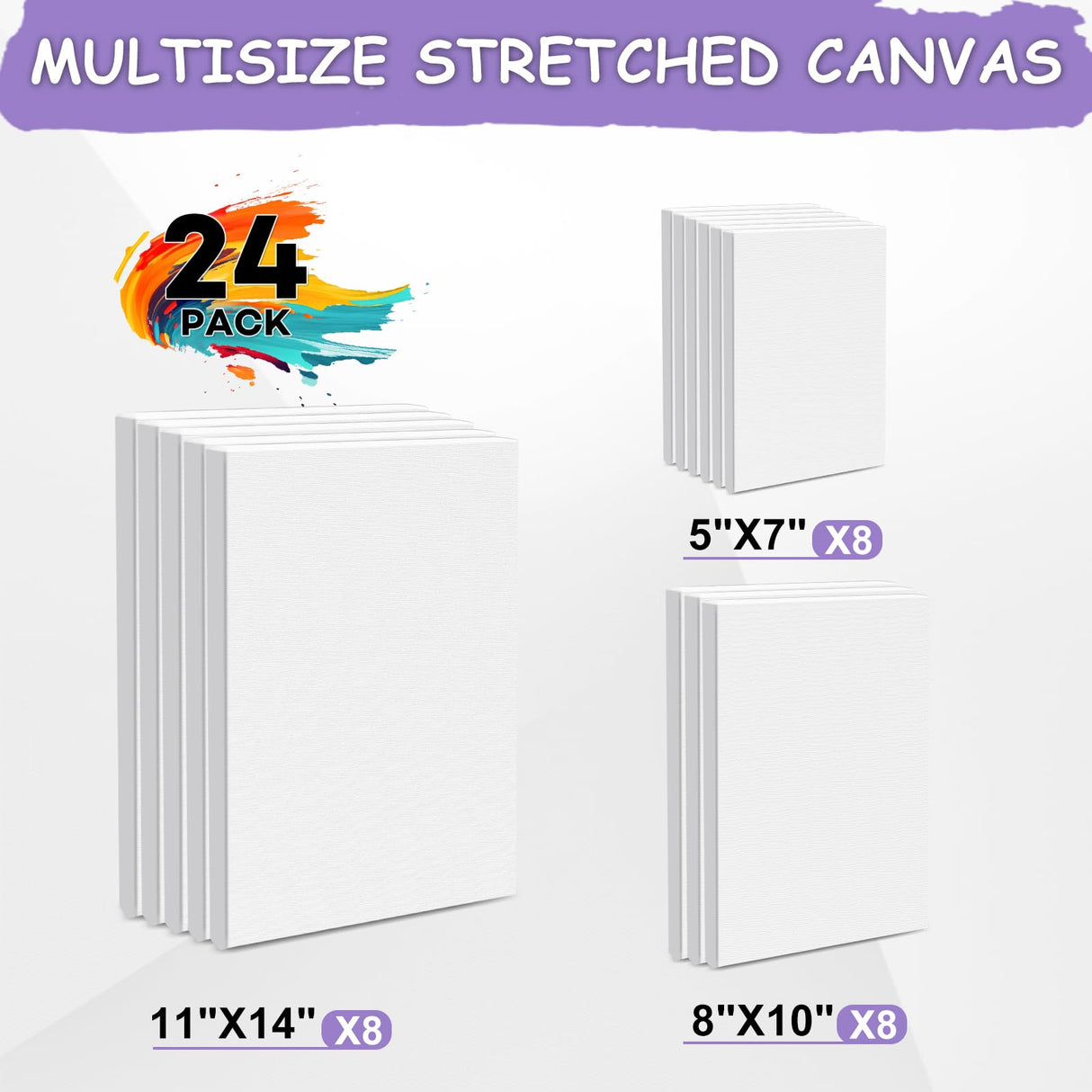 ESRICH Stretched Canvas for Painting, 24 Multi Pack 11x14, 8x10, 5x7(8 of Each) Blank Canvases for Painting, Primed Paint Canvas for Oil Paint, Acrylic Paint, for Beginners, Artists. ESRICH
