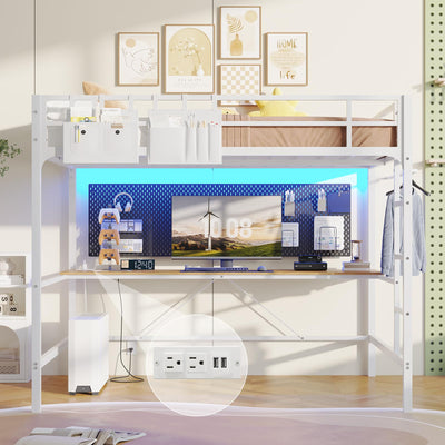 Hasuit Full Size Metal Loft Bed with Desk, LED Lights & Charging Station - Sturdy Space-Saving Bed Frame, Loft Bed Full Size Includes Safety Guard Rail & Ladder, No Box Spring Needed, Durable, White