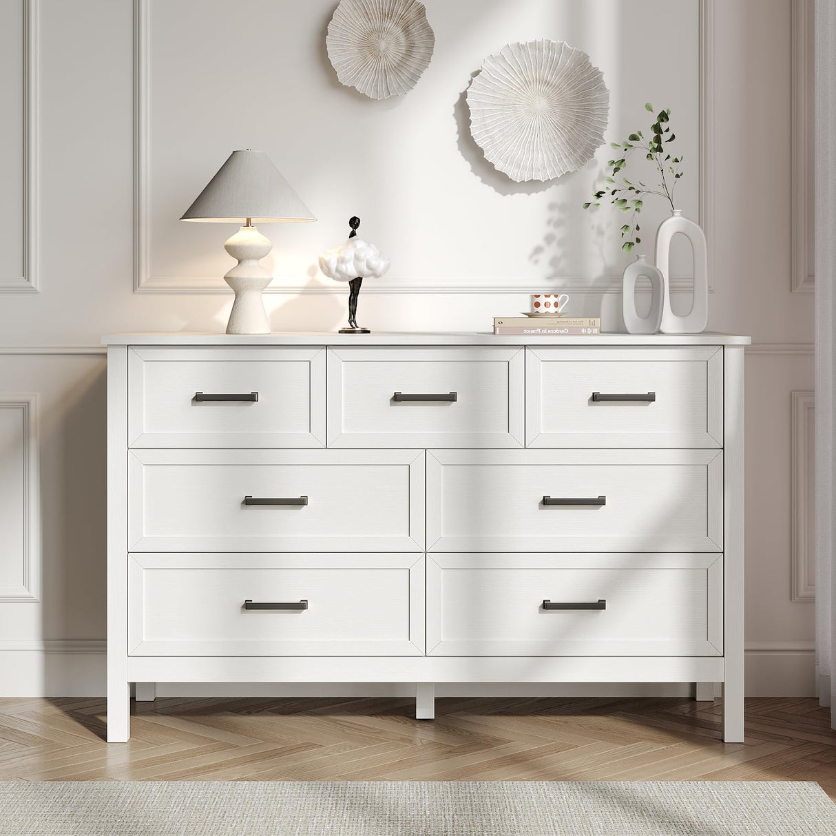 BAZELOR Farmhouse 7 Drawers Dresser for Bedroom, Wood Rustic Wide Chest with Metal Handles, Storage Dressers Organizer for Bedroom, Hallway, Entryway, White BAZELOR