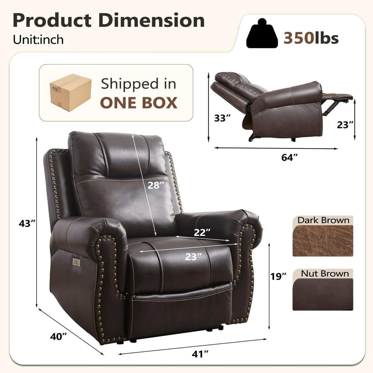 ANJ Electric Power Recliner Chair with USB Ports, Breathable Faux Leather Oversized Recliner with Comfortable Arms, Back and Headrest, Single Sofa for Living Room, Dark Brown ANJ
