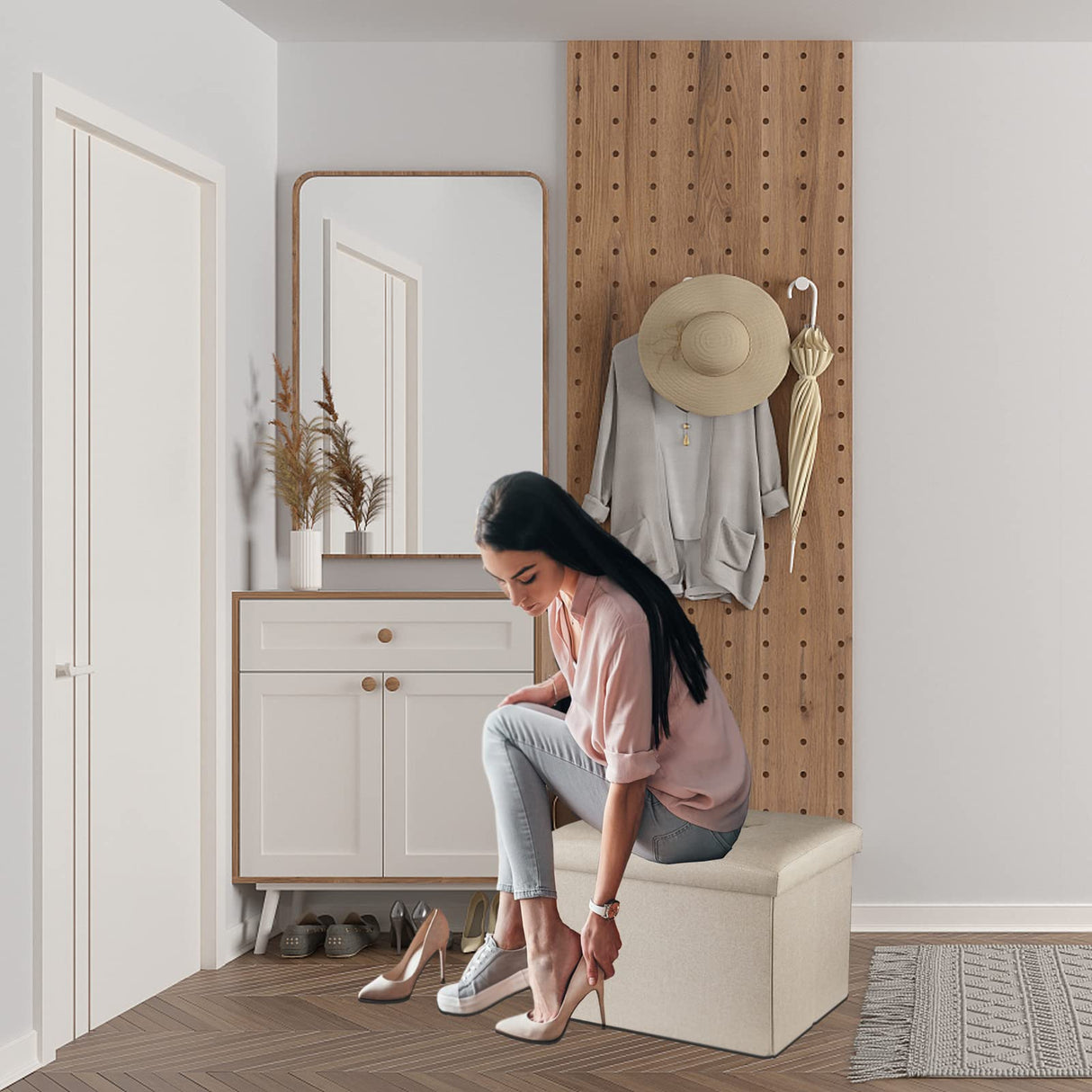 ALASDO Storage Ottoman Footrest Stool Small Ottoman with Storage Foldable Ottoman Foot Rest Footstool Bench for Living Room 17x13x13inches Beige ALASDO