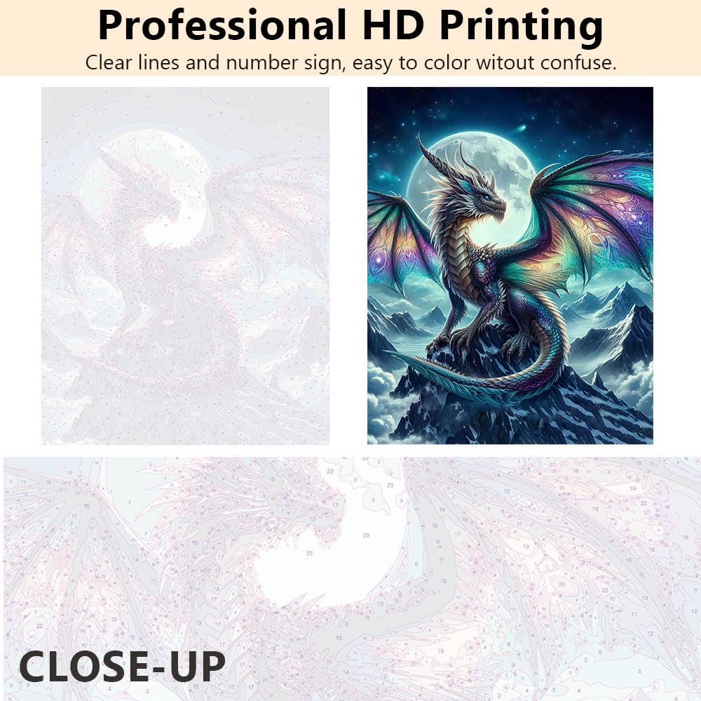Dragon Paint by Numbers Kit for Adults, Animals Oil Painting Kit, Moon and Mountain Adult Paint by Number Kits on Canvas DIY Acrylic Painting for Beginners, 16"x20"(Frameless) TUMOVO