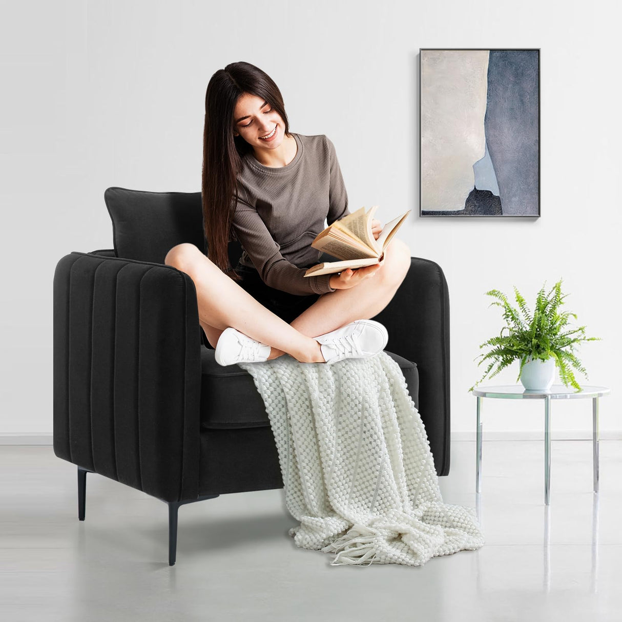 SUHELUFU Modern Black Velvet Accent Chairs, Comfy Upholstered Armchairs with Thick Cushion and Wood Frame for Living Room, Bedroom or Office SUHELUFU