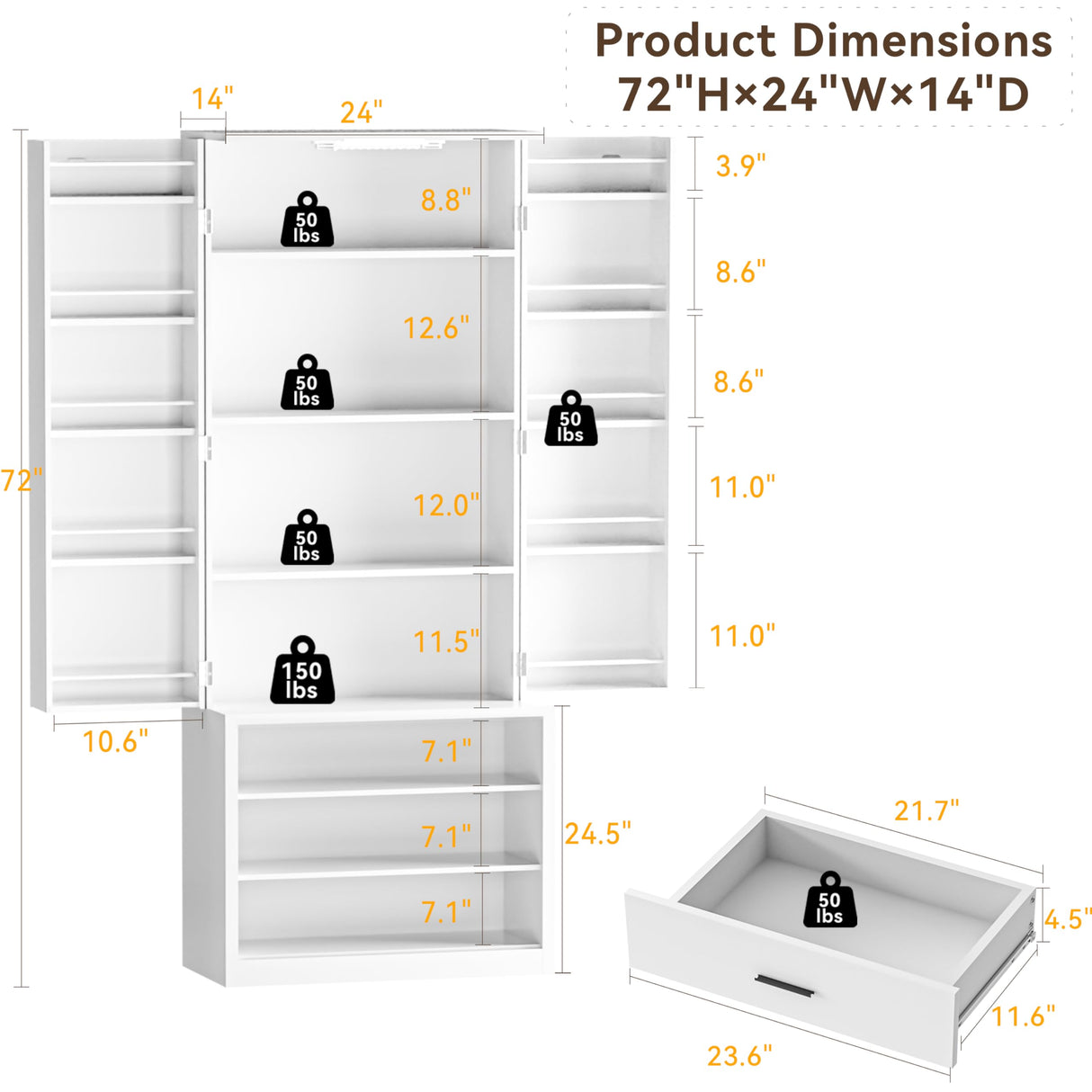 FJTJBSI 72" LED Kitchen Pantry Cabinet with 3 Drawers Farmhouse Tall Storage Cabinet Wood Food Pantry with Barn Doors and Adjustable Shelves Versatile Storage Freestanding Cupboard for Kitchen FJTJBSI