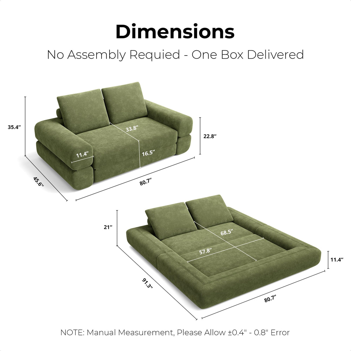 LIKIMIO Convertible Sleeper Sofa Bed Floor Sofa 3-in-1 No Assembly, Foldable Mattress with Corduroy Upholstery Green, Lounge Loveseat Couch for Living Room Studio Guest Room LIKIMIO