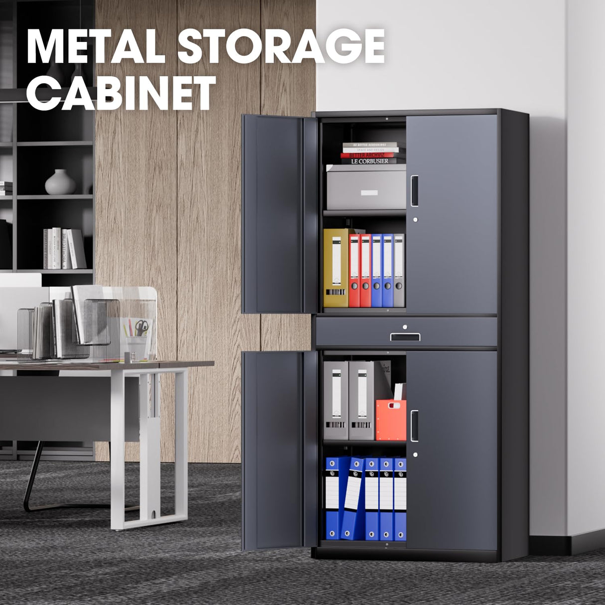 DNA MOTORING Metal Storage Cabinet, 71'' Rolling Garage Cabinet with 1 Drawer and Adjustable Shelves, Lockable Cabinet Heavy Duty Utility Cabinet for Garage,Office,Home,Gray Black, TOOLS-00629-GY-BK DNA MOTORING