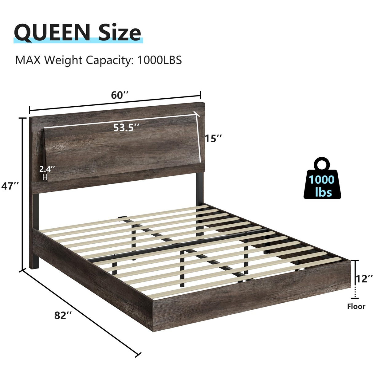 LUXOAK Queen Size Rustic Grey Floating Bed Frame with LED Headboard – No Box Spring Required, Easy Assembly, Noise-Free Design LUXOAK