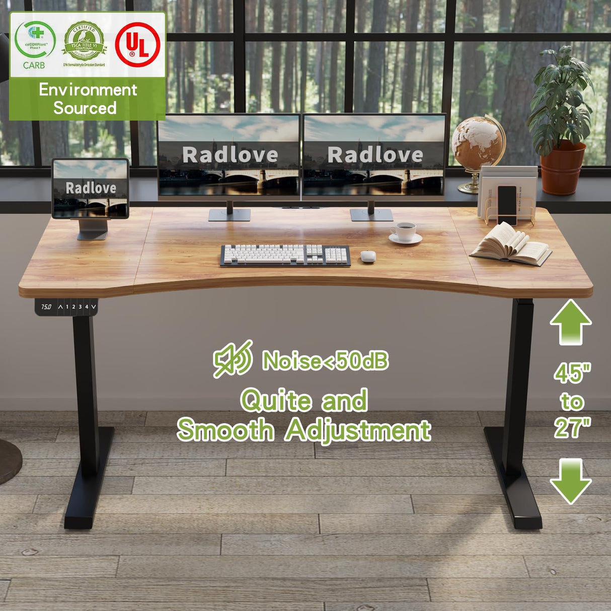 Radlove Dual Motors Height Adjustable 63 x 30 Electric Standing Desk with Curved Design Stand Up Table 4 Memory Keys, Computer Desk with Splice Board Home Office Desk, Light Brown Top + Black Frame Radlove