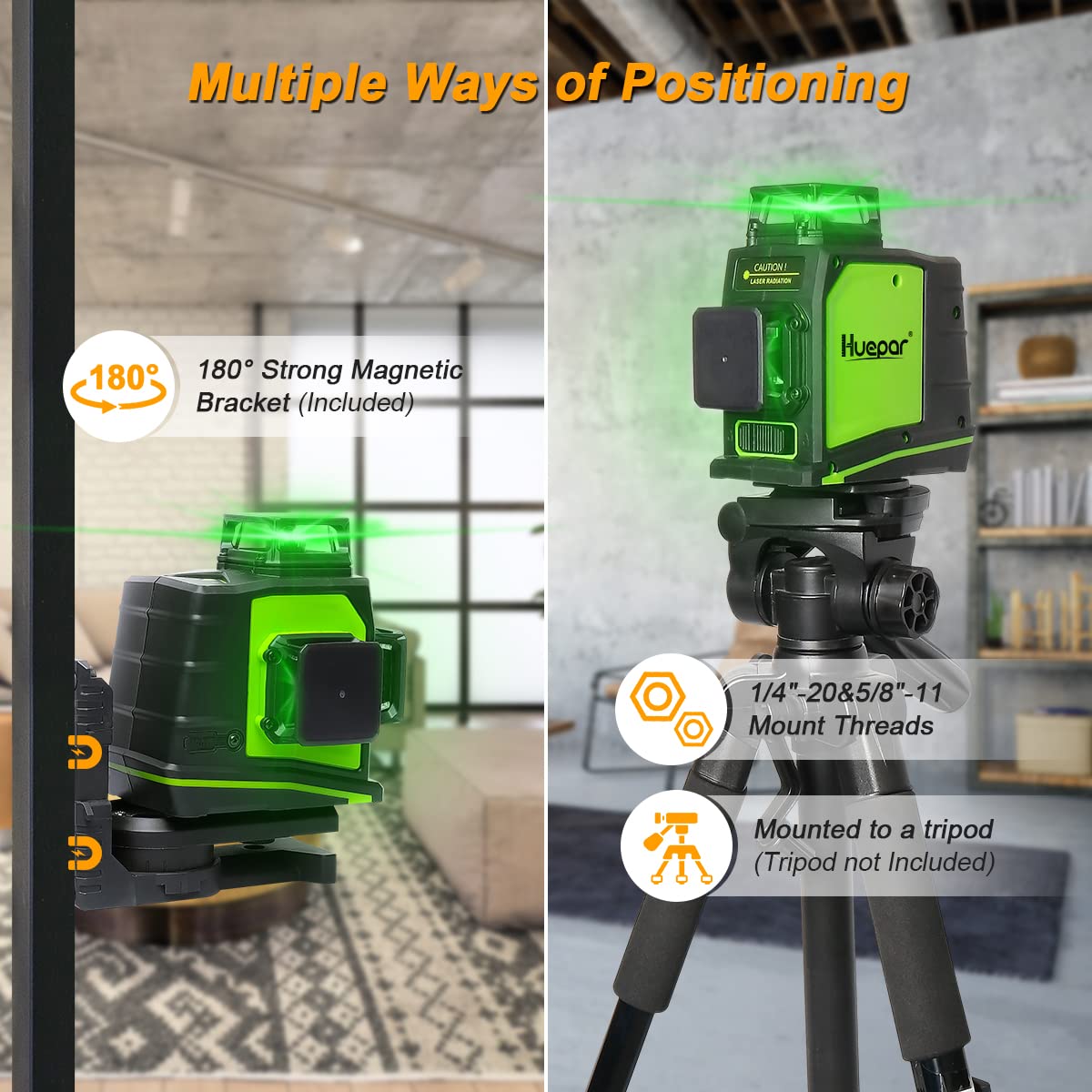 Huepar 3D Green Beam Self-Leveling Laser Level 3 x 360 Cross Line Three-Plane Leveling and Alignment Tool -Two 360 Vertical and One 360 Horizontal Line -Magnetic Pivoting Base GF360G Huepar