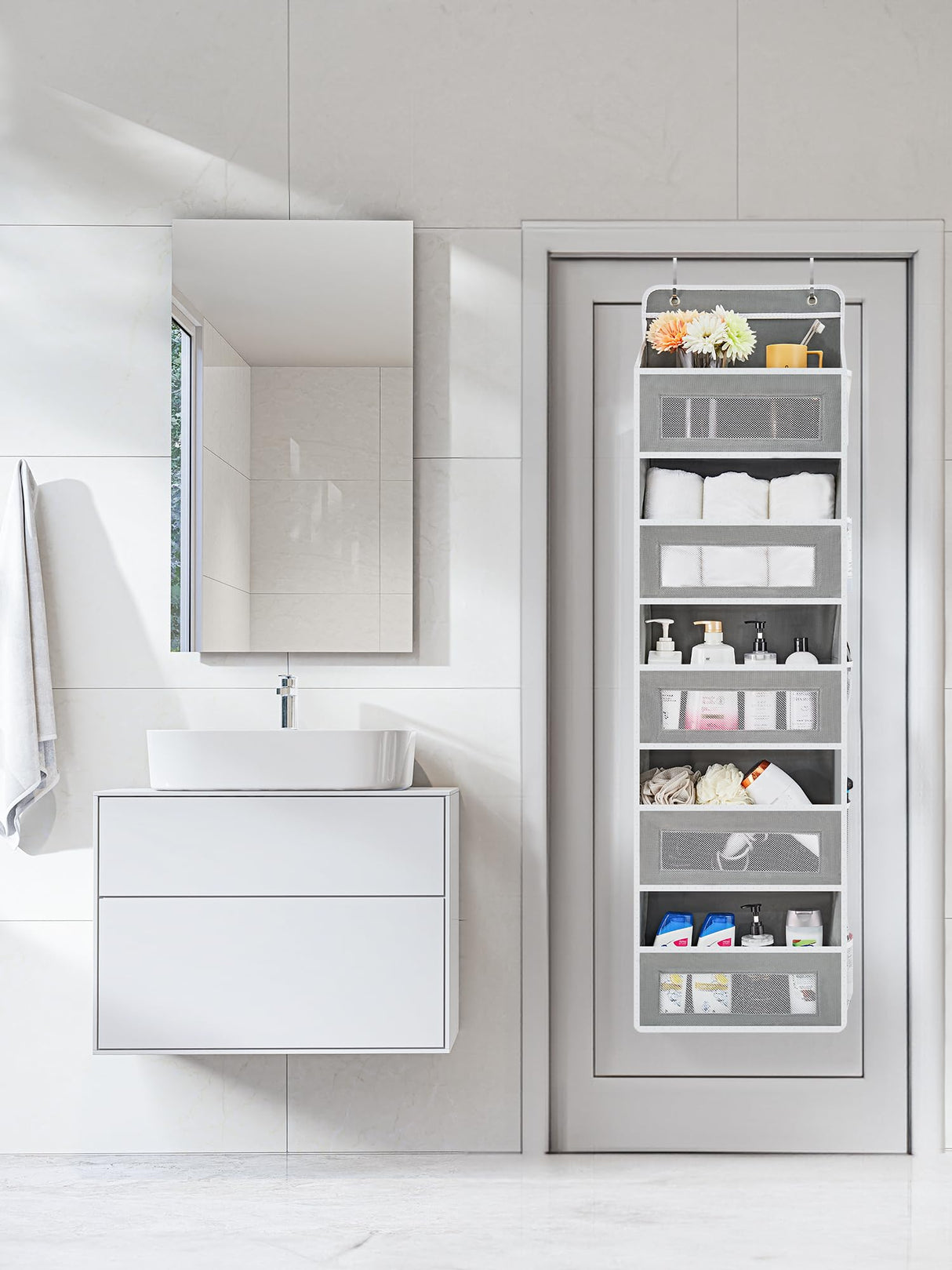 JARLINK Over The Door Organizer Storage, 5 Shelf Hanging Door Organizer with 5 Large Capacity Pockets, Anti Tilt 44 lb Load Behind Door Organizer for Bedroom, Bathroom, Pantry, Nursery, (Grey) JARLINK