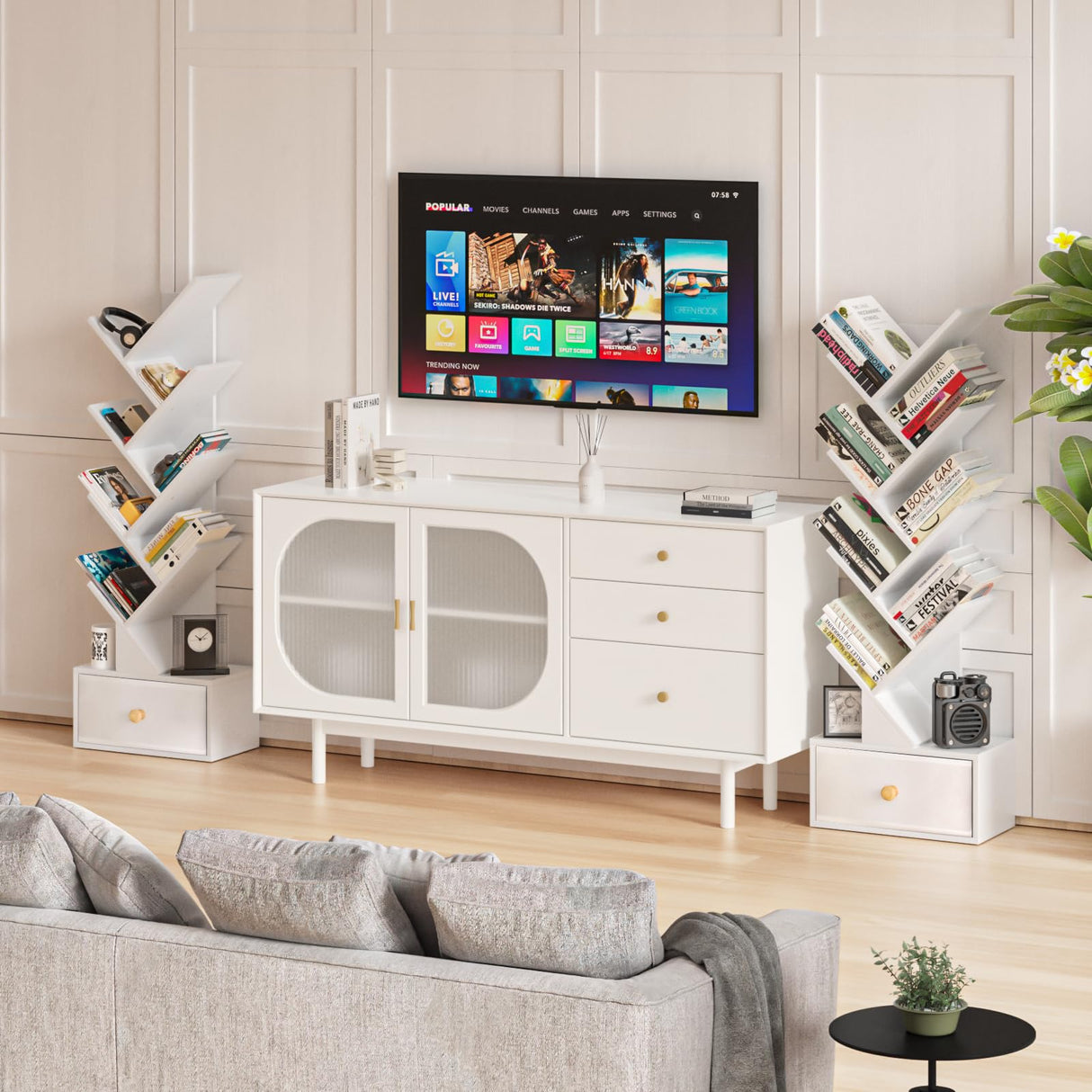 SHEEPAM 8 Tier Tree Bookshelf with Drawer, Free Standing Wood Bookcase for Living Room, Bedroom, Home Office, Space Saving Storage Organizer Bookshelves for Books, CDs, Vinyl Records- White SHEEPAM