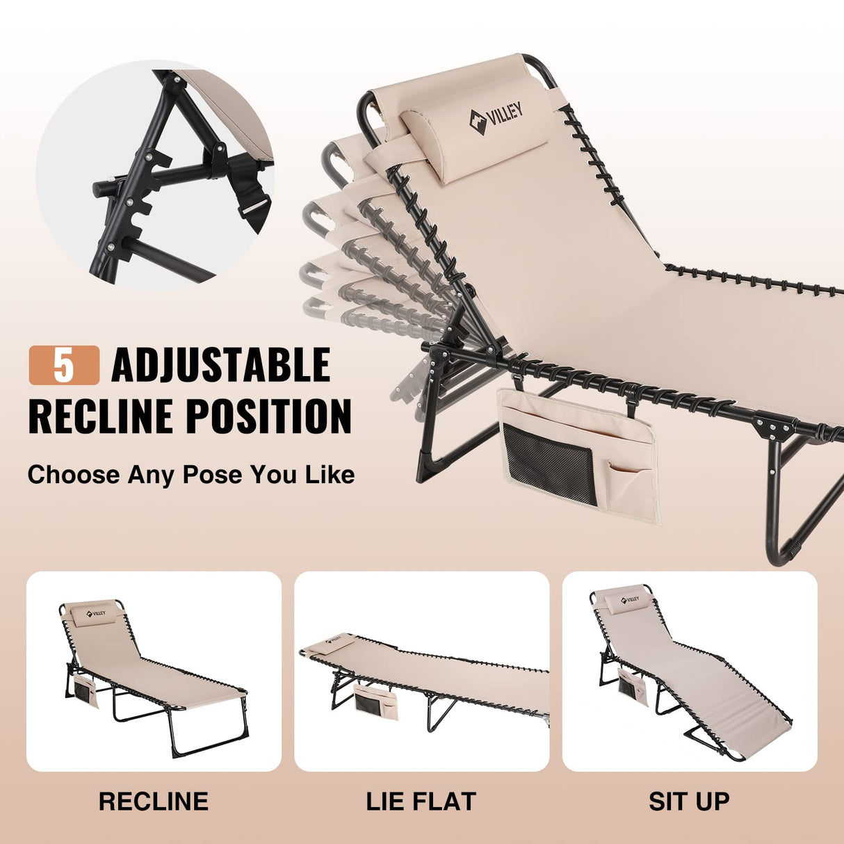 VILLEY Oversize Chaise Lounge Outdoor, Heavy-Duty Folding Lounge Chair for Outside, Portable Trifold Beach Lounger with 5 Adjustable Positions for Outdoor, Patio, Beach, Lawn, Backyard, Camping -Beige VILLEY