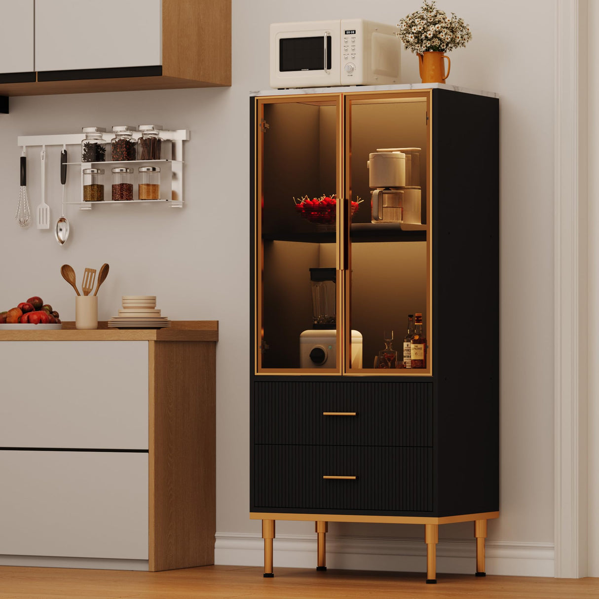 GarveeHome Fluted Storage Cabinet with Glass Door and 2 Drawers, Modern Display Storage Cabinet, Kitchen Pantry with Adjustable Shelves for Collectibles, Living Room, Office - Black GarveeHome