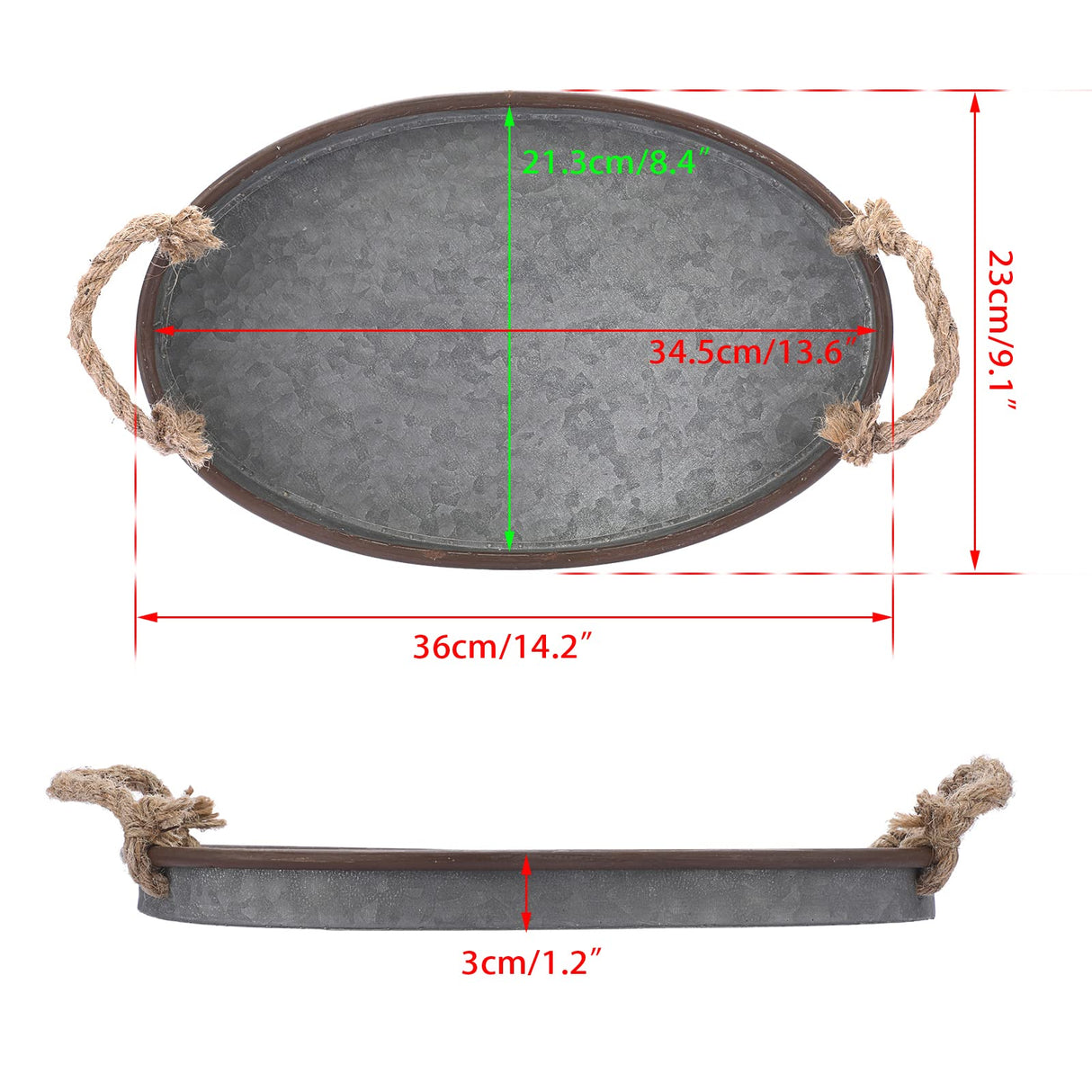 Hipiwe Galvanized Metal Iron Oval Tray with Rope Handle Farmhouse Serving Tray Rustic Industrial Decorative Centerpiece for Coffee Table Weddings and Parties Decor,Small Hipiwe