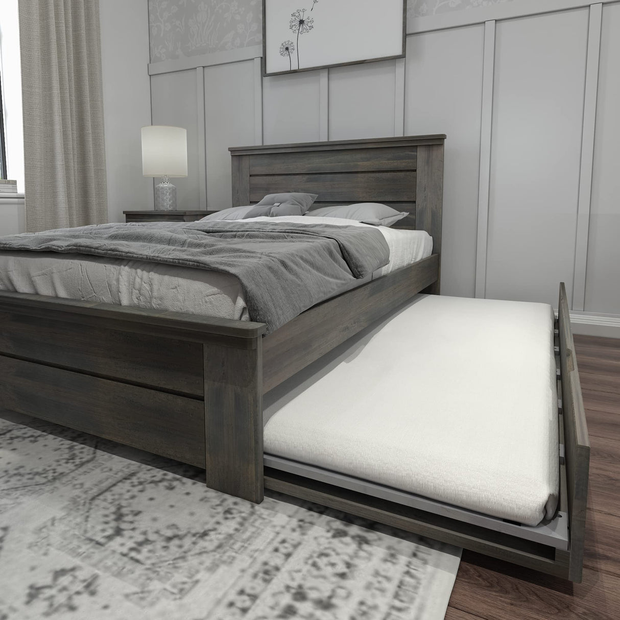Max & Lily Modern Farmhouse Full Bed with Panel Headboard and Trundle, Driftwood Max & Lily
