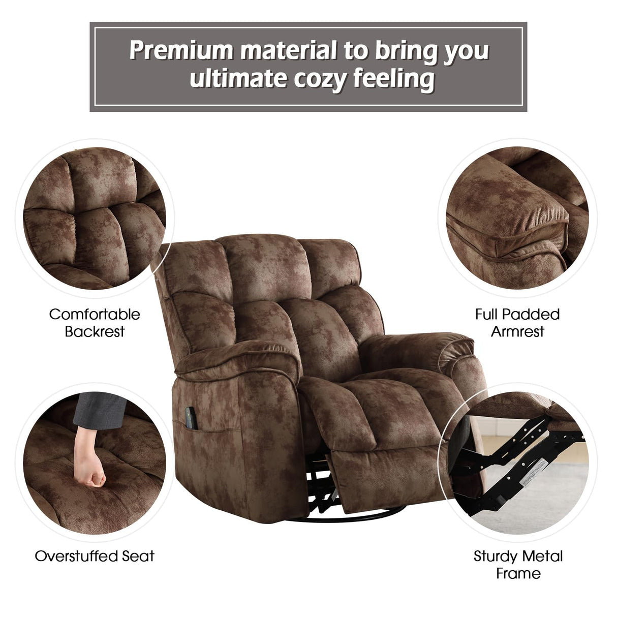 INZOY Oversized Rocker Recliner with Heat and Vibration, Manual Swivel Rocking Chair with Vibrating Massage, Comfy Padded Overstuffed Soft Fabric Heated Recliner, Brown INZOY