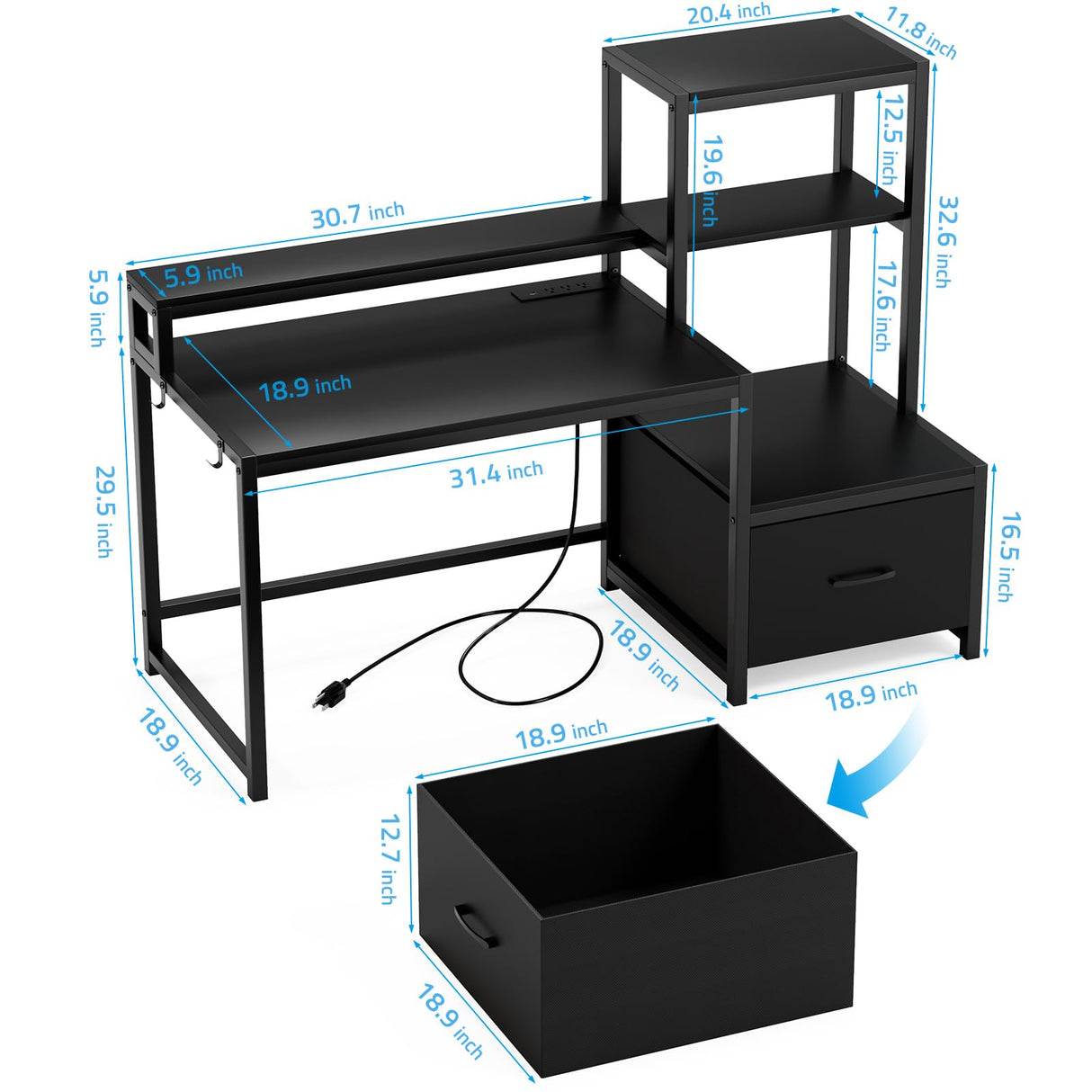 GreenForest Computer Desk with Drawers and Monitor Stand, Home Office Desk with Storage Shelves, Small Gaming Desk with Power Outlets and LED Lights for Study Writing Working, 51 inch Black GreenForest