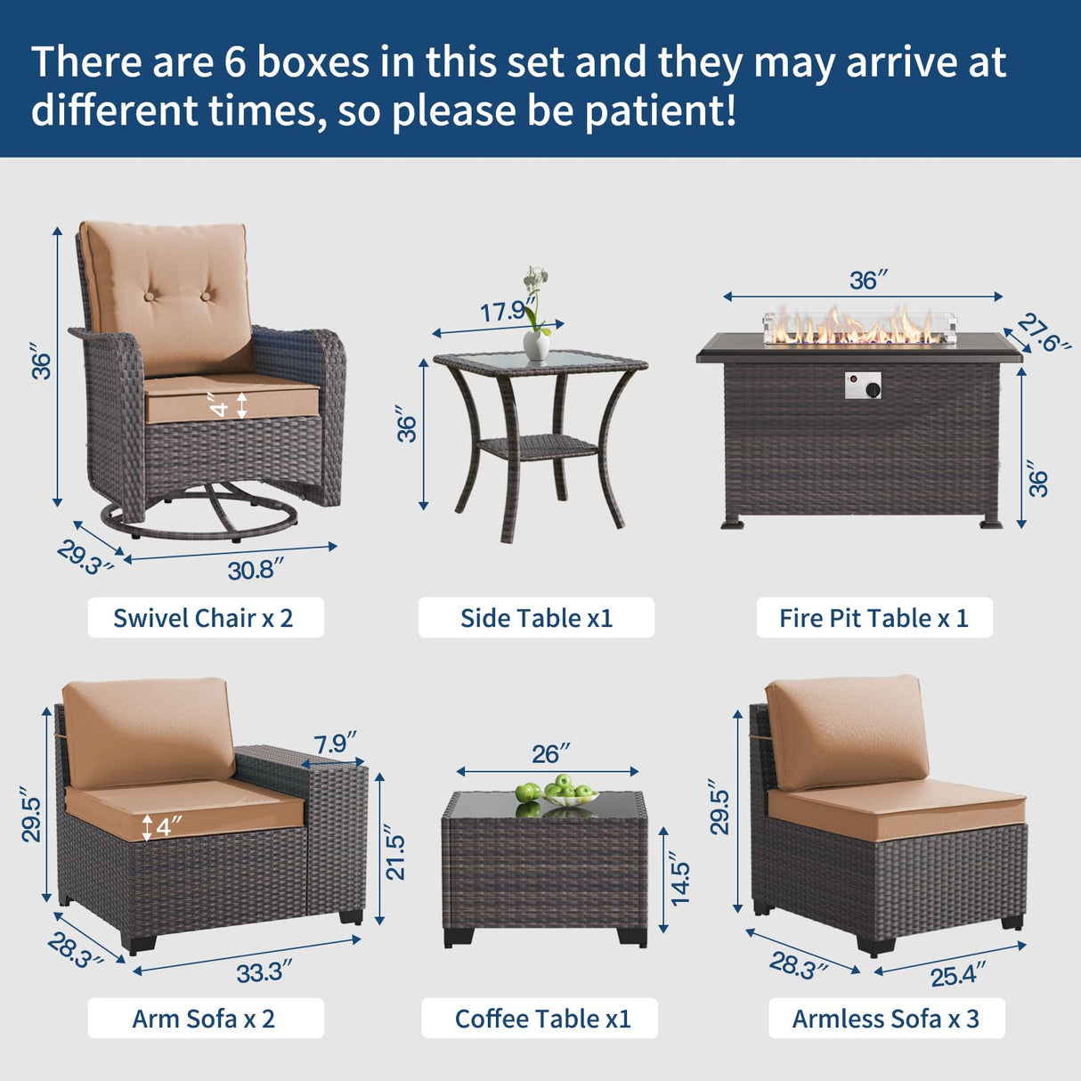 Gotland 10 Pieces Outdoor Patio Furniture Set with 2 Swivel Rocking Chairs&55,000 BTU Gas Fire Pit Table w/Glass Wind Guard Patio Conversation Sectional Sofa Sets-Khaki Gotland