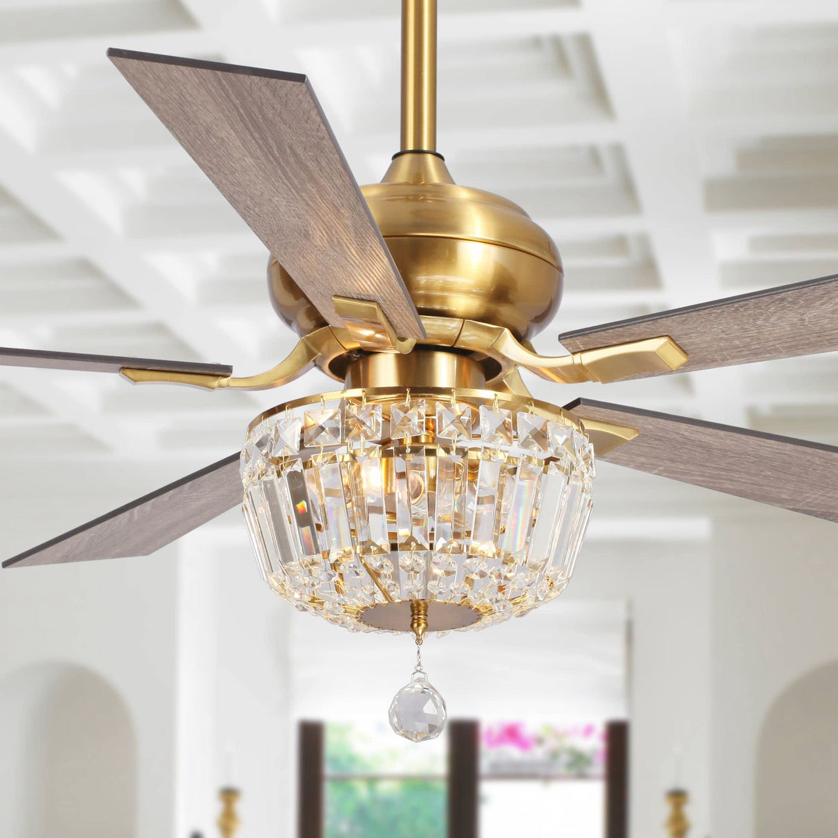 Gold Ceiling Fans with Lights and Remote, 52 Inch Ceiling Fan for Bedroom Living Room, Crystal Chandelier Outdoor Ceiling Fans with LED Light, Reversible 5 Blades, Ventilador de Techo con Luz Parrot Uncle