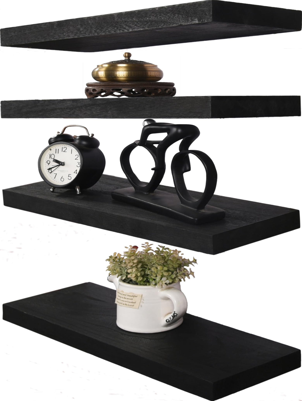 HXSWY Wood Floating Shelves for Wall, Wooden Wall Shelves for Bedroom, Wall Mounted Shelves for Living Room, Set of 4 Black HXSWY