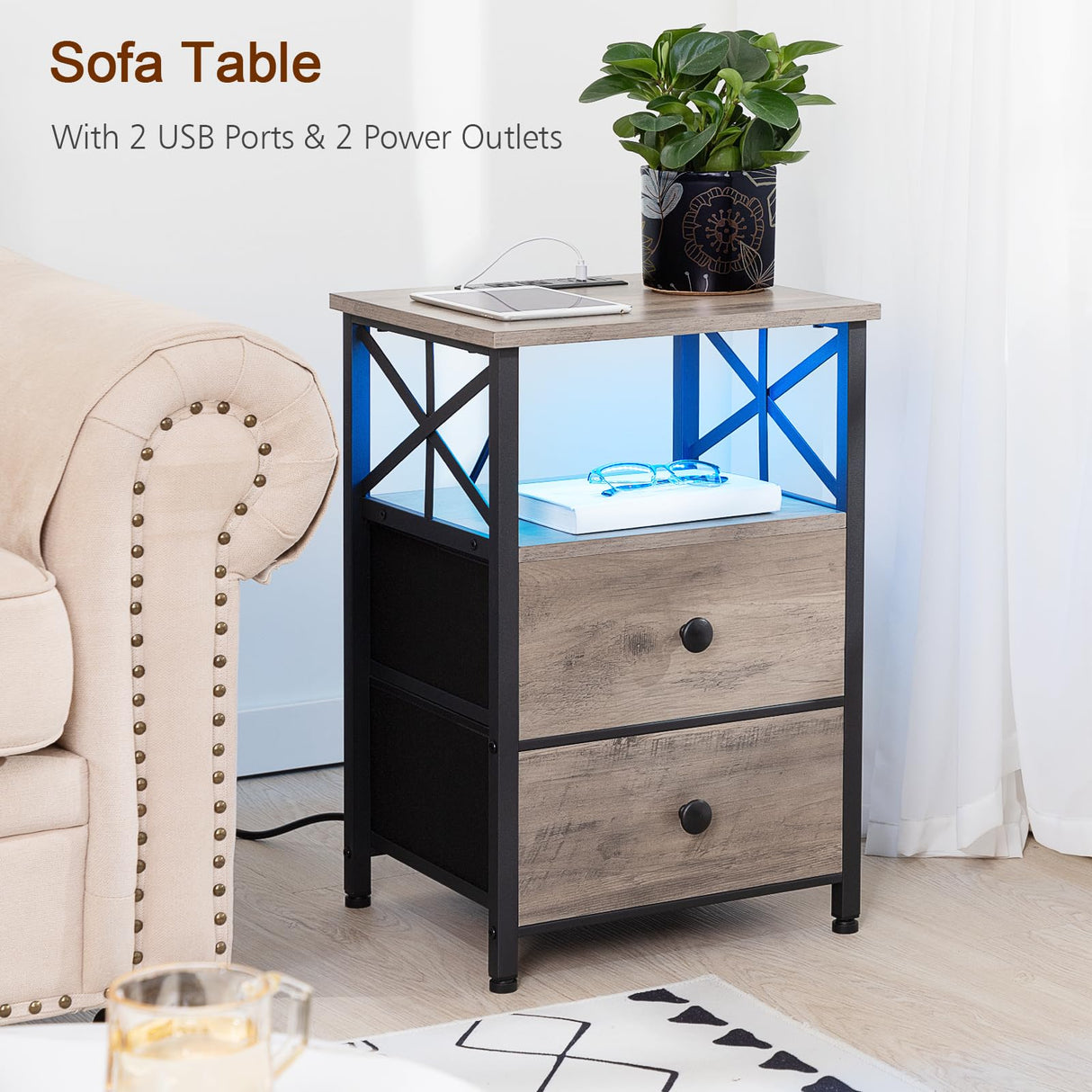 AMHANCIBLE Night Stand Set 2, LED Nightstands for Bedroom Set of 2 with Charging Station, End Table with USB Port and Outlet, Side Table with 2 Storage Drawers for Living Room, Greige, HET052LGY AMHANCIBLE