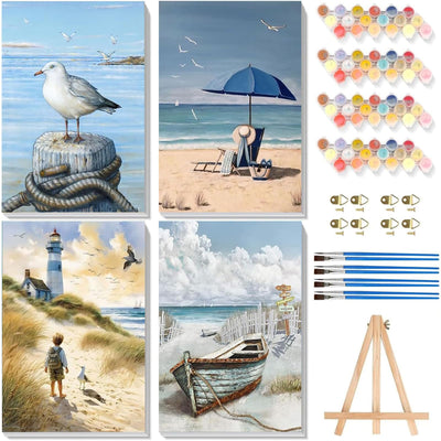 ajepon 4 Pack Framed Paint by Numbers Kit for Adults-Beach Paint by Numbers Kit for Adults with Frame,DIY Seaside Scenery Acrylic Oil Painting Kits with Framed Canvas 8x12inch (with Wooden Easel)